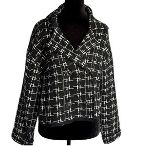 Zara Women's metallic thread Black and White Checkered Blazer -Small-crop waist